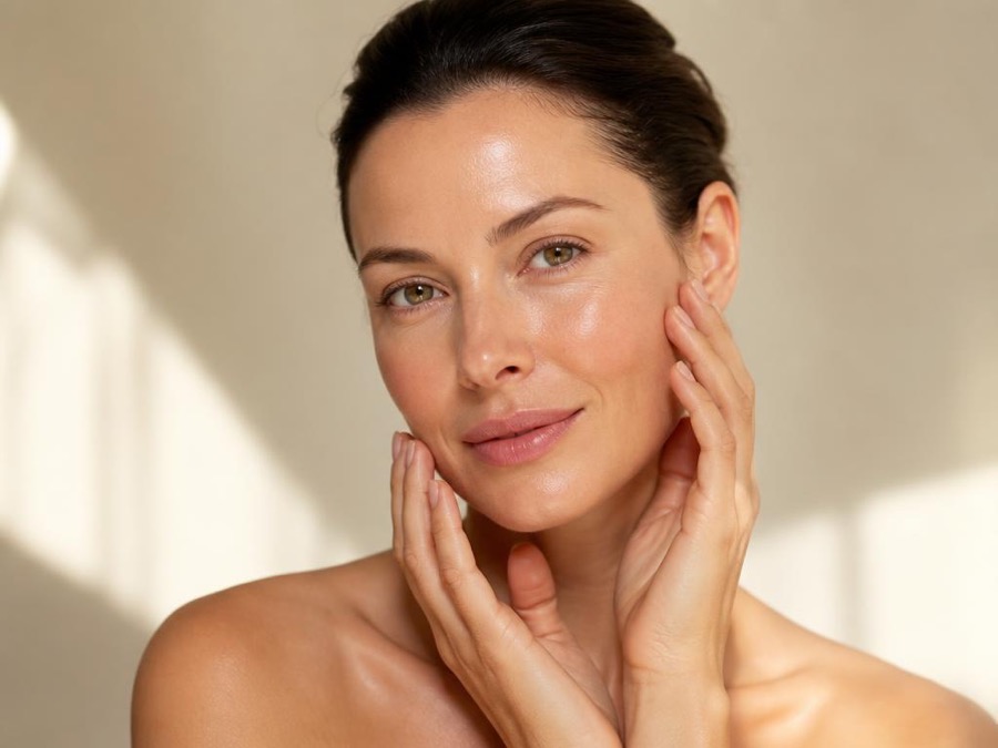 Woman practicing face yoga